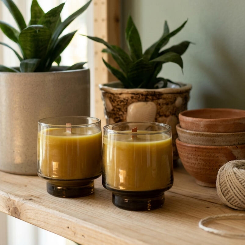 beeswax and wood wick candle on shelf