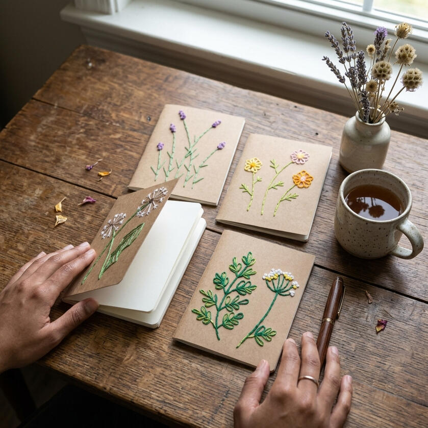embroidered notebooks on desk
