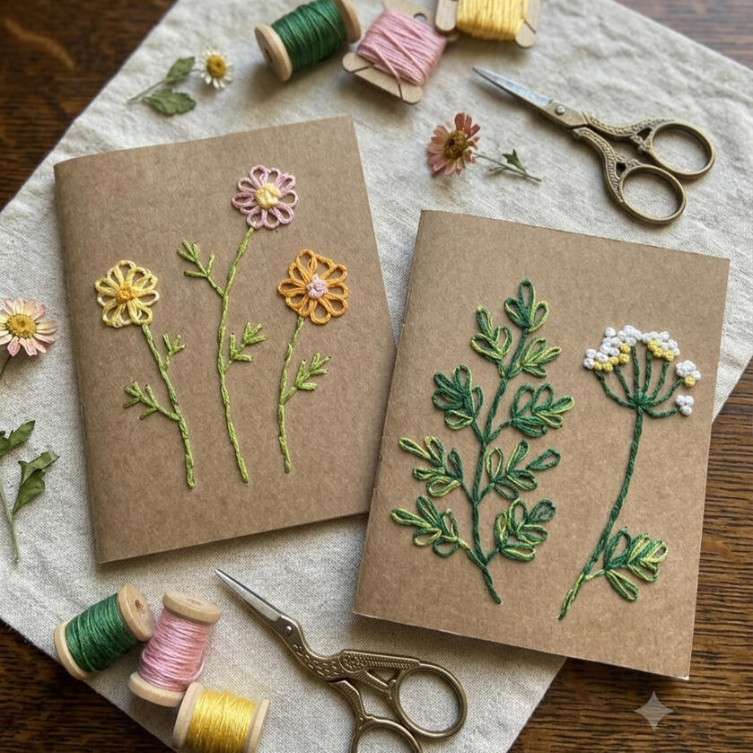embroidered notebooks with floss