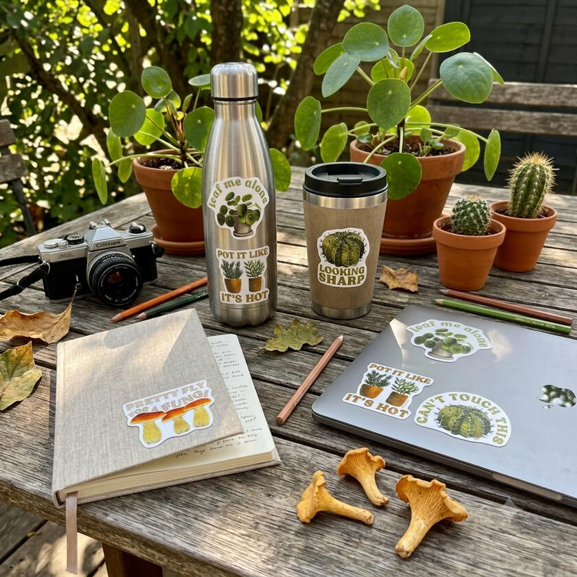 plant pun stickers on different objects